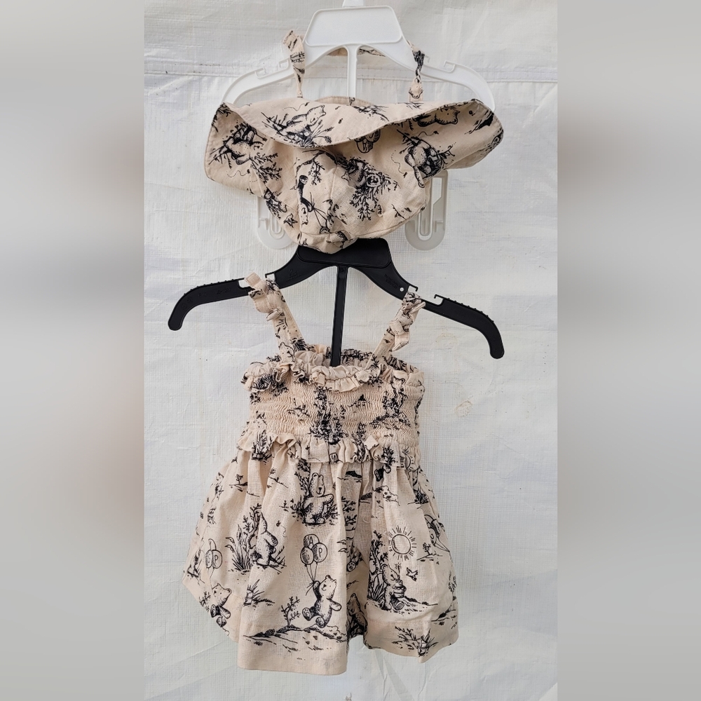 GAP Beige and Black Floral Print Girls Sundress with Matching Hat